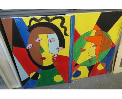 Thorsen, after Picasso, abstract portrait studies, oils on canvas, signed. 70 x 50cm approx, unframed. (2)(B.P. 21% + VAT) 