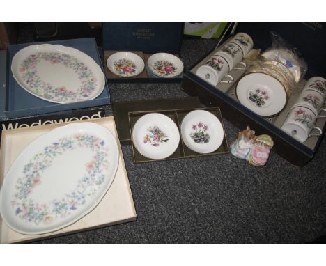 Box containing a boxed set of Royal Worcester coffee cups and saucers decorated with spring flowers (full set of 6), two boxe