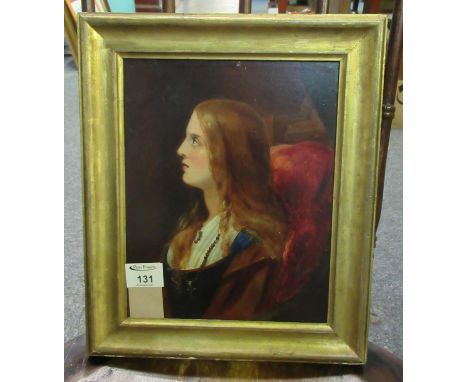 19th Century British school, devotional type portrait of a young girl, oils on board. 29 x 22cm approx, framed. (B.P. 21% + V