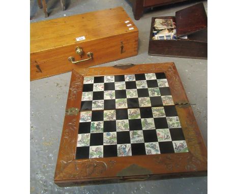 Art Nouveau design stained oak ladies work box with two hinged lid compartments revealing sewing accessories, together with a