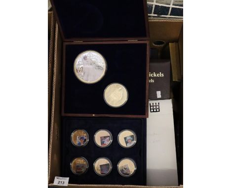 Box of assorted coins and ephemera to include; US Buffalo nickels collector panels, commemorative medallions including portra