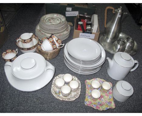 Three boxes of assorted china etc. to include: variously sized 'Indian Tree' plates, Gladstone 'Imari' style part teaware, hi