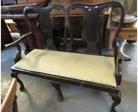 Early 20th Century stained Queen Anne style two seater parlour type sofa having open arms on cabriole legs and hoof feet. (B.