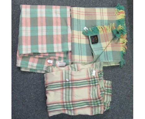 Three vintage woollen check blanket or carthen; two with 'Derw product, made in Wales' labels. (3) (B.P. 21% + VAT)cream/gree