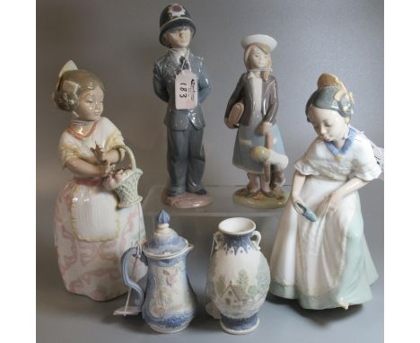 Collection of Lladro and Nao Spanish porcelain figurines to include; a policeman, a girl with doll etc. Together with one Lla