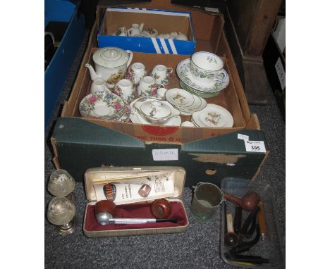 Box containing a selection of miniature china pieces, one Shelley saucer decorated with harebells with similar cup (not the o