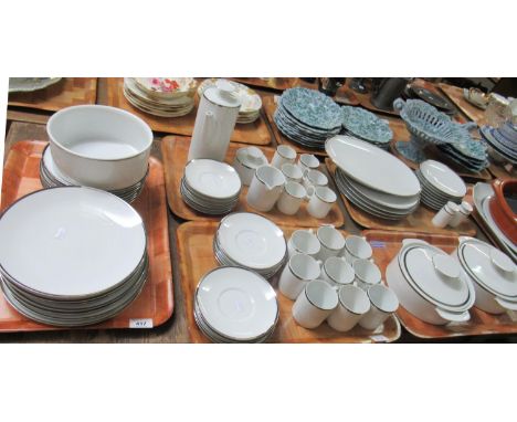 Five trays of Thomas Germany white porcelain coffee and dinnerware items with a silver rim to include; coffee cans and saucer