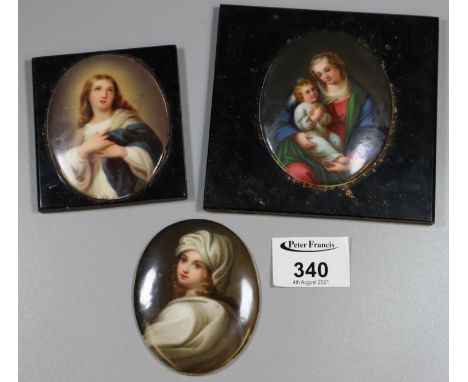 Three continental porcelain devotional miniature portrait studies including; Virgin Mary and young Jesus and two others. 8 x 