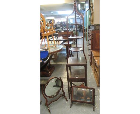 Collection of furnishing items to include; two small swivel bedroom or toilet mirrors, Edwardian inlaid three tier cake stand