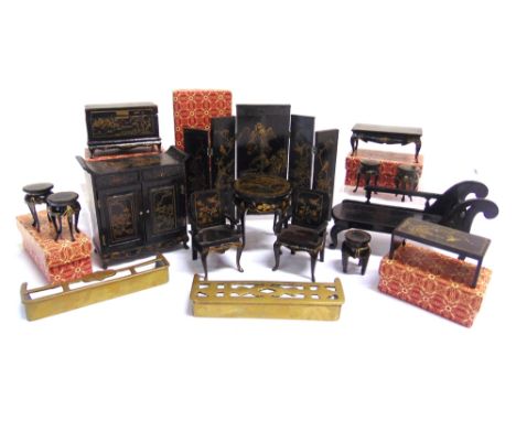 ASSORTED 1/12 SCALE DOLL'S HOUSE CHINOISERIE FURNITURE  some boxed; together with two miniature brass fenders.