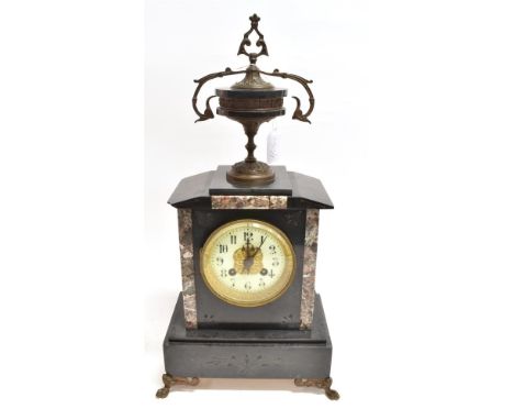 A VICTORIAN 8-DAY SLATE AND MARBLE MANTLE CLOCK  with urn finial, 46cm high overall Condition Report : with pendulum but no k