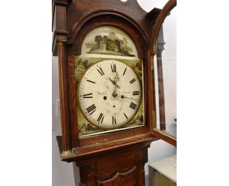 A 19TH CENTURY OAK CASED 8-DAY LONGCASE CLOCK the convex enamel dial painted with buildings to breakarch and spandrels, subsi