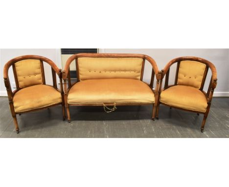 MAHOGANY FRAMED TWO SEAT SOFA, with yellow upholstery, slat sides and raised on circular legs with casters, h 83cm x w 125cm 