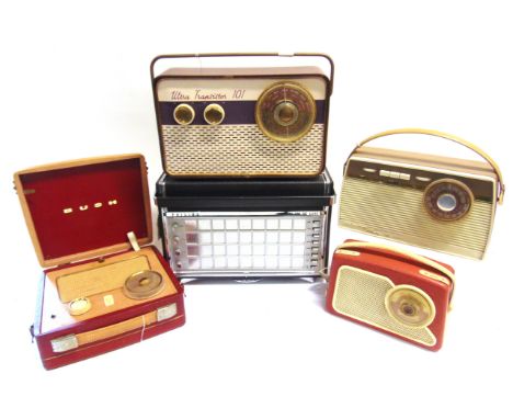 FIVE RADIOS comprising a Philips Model L6X 38T portable radio, serial no. PL38529, not tested; Ultra Transistor 101 portable 