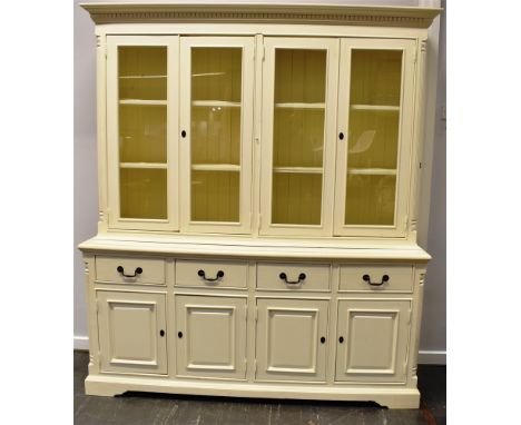 20TH CENTURY WHITE PAINTED KITCHEN CABINET, the moulded cornice above a glazed upper section comprising two pairs of glazed s