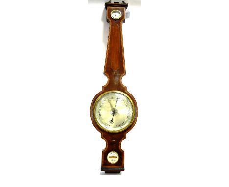 A VICTORIAN MAHOGANY CASED BANJO BAROMETER  with crossbanded decoration, silvered 8' dial, 100cm high Condition Report : some