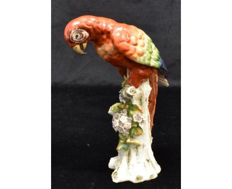 A LATE 19TH/EARLY 20TH CENTURY SITZENDORF FIGURE OF A PARROT naturalistically modelled perched on a tree trunk, underglaze bl