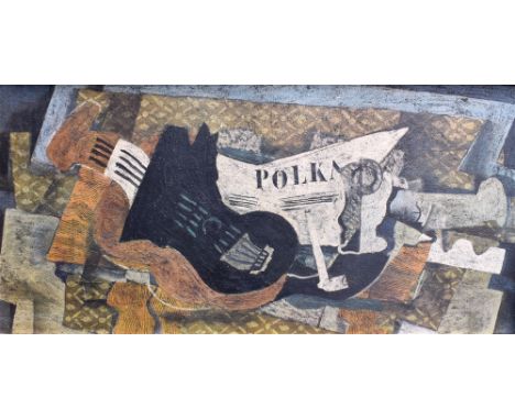 AFTER GEORGES BRAQUE 'Guitar and Pipe (Polka)' Oil on board 43cm x 89cm Condition Report : odd sort of texteured finish, a co