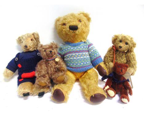 FIVE VINTAGE &amp; COLLECTOR'S TEDDY BEARS  comprising a Bing 'Theodore Roosevelt, 2002', 20cm high, and four others, the lar