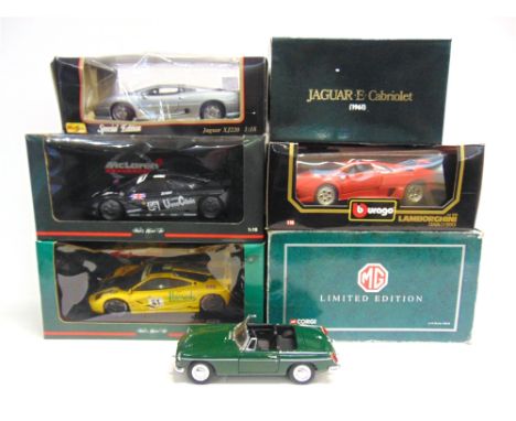 SIX 1/18 SCALE DIECAST MODEL CARS  by Paul's Model Art (2), Bburago (2), Corgi (1), and Maisto (1), each boxed.