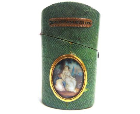 AN ETUI  early 19th century, the shagreen effect body set with two hand-painted oval portraits of seated couples, two gilt me