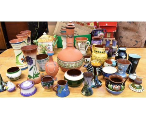 ASSORTED DEVONWARE AND OTHER CERAMICS  including six spill vases of waisted cylindrical form, 18cm high; eggcups, match strik