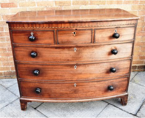 19TH CENTURY BOWFRONTED CHEST OF THREE SHORT OVER THREE LONG GRADUATED DRAWERS, on bracket feet h 104cm x w 125cm x d 62cm