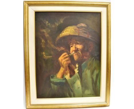 CHAN (CHINESE, CONTEMPORARY)  Portrait of an elderly man; and Portrait of an elderly woman Oil on board and oil on canvas Eac