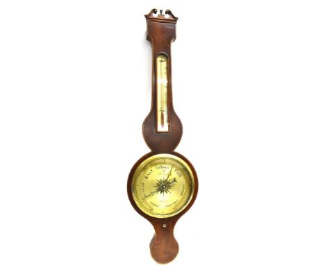 A VICTORIAN MAHOGANY BANJO BAROMETER/THERMOMETER  with swan neck pediment, the silvered dial inscribed 'P Nolfi Taunton' 95cm