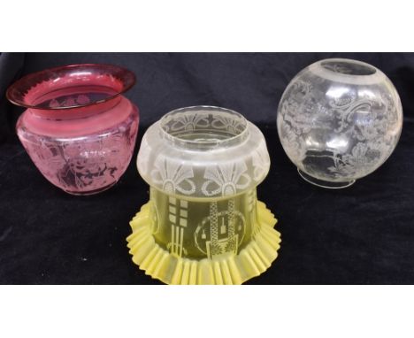 A CRANBERRY GLASS OIL LAMP SHADE  with acid etched foliate decoration, 16.5cm high, 18cm diameter at rim, 10cm diameter at co