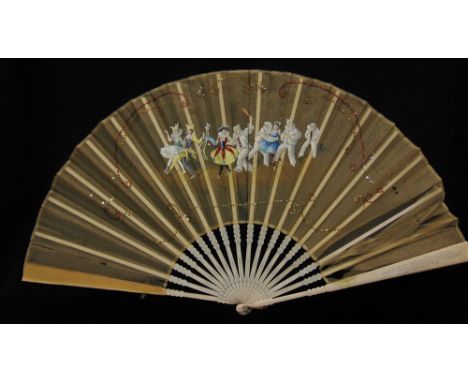 FIVE ASSORTED FANS  comprising one silk decorated with a hand-painted study of a seated musician, with bone guards, 30cm long