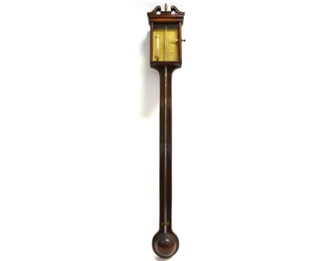 A MAHOGANY CASED STICK BAROMETER/THERMOMETER  the brass register signed 'Thomas Wright', 97cm high Condition Report : no grea