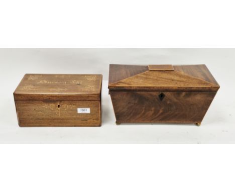 Early 19th century rosewood tea caddy of rectangular form, the hinged lid inlaid with scrolling foliage and the words ' Sucre