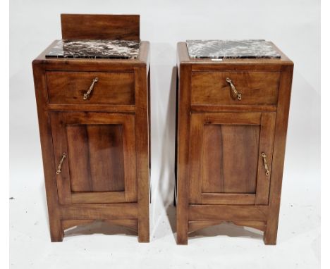 Pair of Art Deco walnut bedside cabinets, each with inset marble tops over a drawer and single door opening to a shelf, on sq