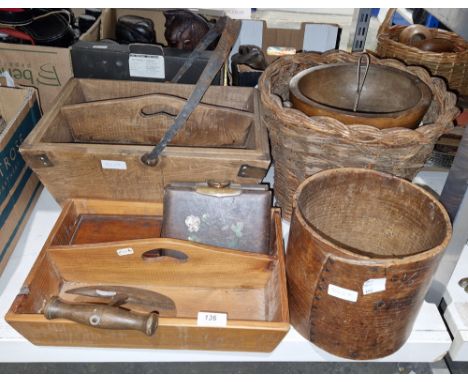 Wooden housekeeper's trug with lift-out tray, 37cm long together with pine two-section cutlery tray, wooden 1/2 peck measure,