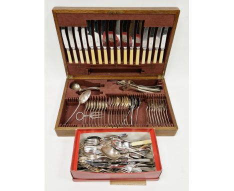 Early 20th century oak canteen of cutlery, cased, partially fitted with silver plated flatware including spoons, soup spoons,