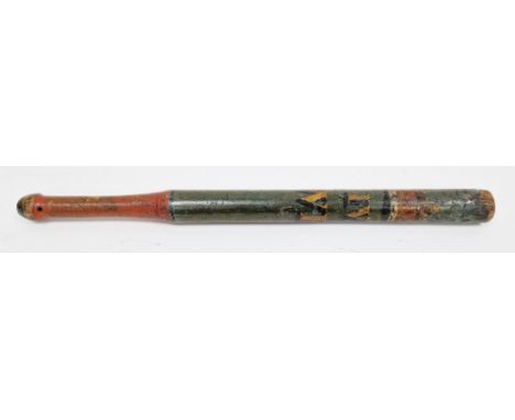 Wooden truncheon painted with the initials and crown for William IV on a blue ground with a red handle, 54cm long&nbsp;(PLEAS