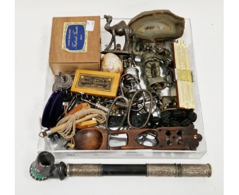 Mixed lot of small collectable items including agate slice, bronze lion lock, three metal animals, two brass Hindu figures, t