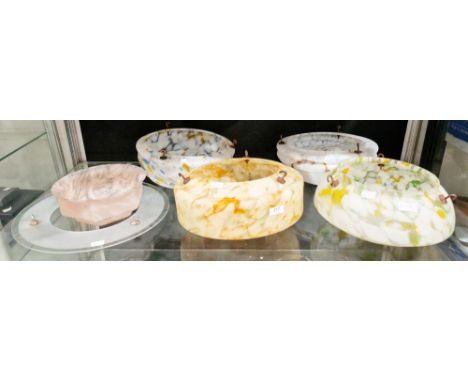 Five 1930's / 1940's mottled colour glass ceiling plafonnier light shades with hooks, largest 31cm diameter