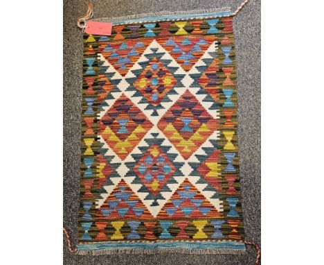 Maimana Kilim cream ground rug with central lozenge and geometric pattern flanked by single geometric border 98cm x 65cm