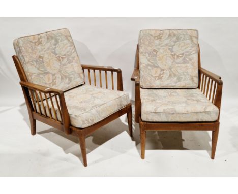 Pair of mid-century retro teak armchairs&nbsp;designed by George Stone for Chiltern Furniture of High Wycombe, each with turn