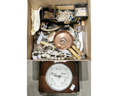 Mixed lot including a selection of silver plated and stainless steel cutlery, a collection of old pennies, a baroque pearl ne