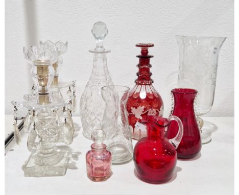 Collection of glassware, including a pair of cut-glass baluster lustres, a cut-glass oviform decanter and faceted stopper, a 