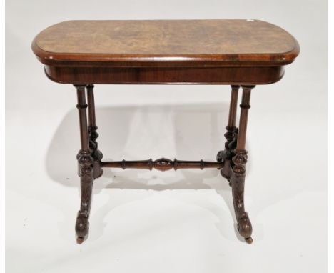 Victorian burr walnut fold-over card table, the hinged quarter veneered top with rounded ends opening to a green baize playin