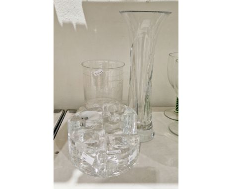 Orrefors quartet set of tealights, etched marks, formed as a quartered circle, a Waterford trumpet-shaped cut flower vase, 30