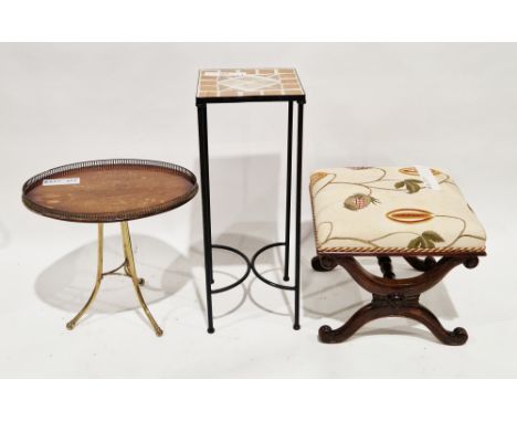 Square upholstered X-frame dressing stool in the Regency manner, 43cm high x 48cm wide,&nbsp;an oval mahogany swivel top side