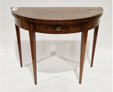 Mahogany demi-lune fold-over card table in the Sheraton manner, the hinged top opening to a green baize playing surface, sing