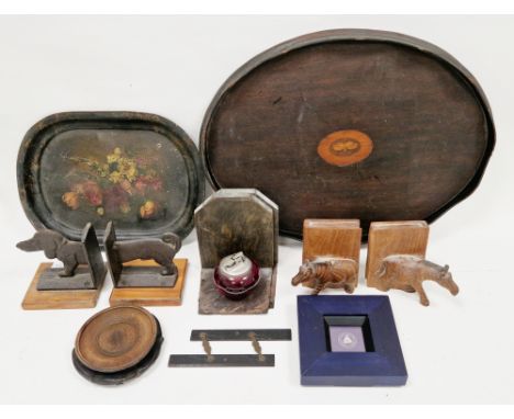 Mixed lot including an Edwardian mahogany inlaid oval serving tray with wavy gallery, 50cm long, Liberty of London photograph