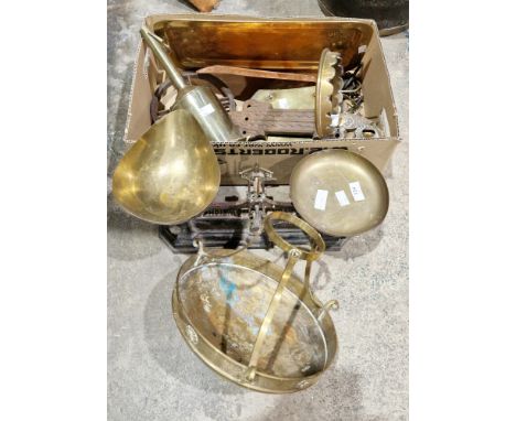 Collection of mostly Victorian brassware, including: a Victorian Gothic wall sconce, a planished light fitting, a Salter spri