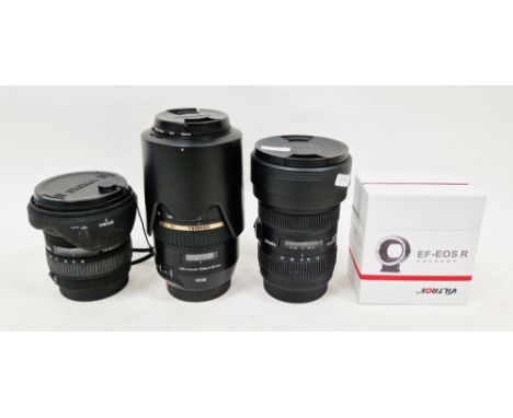 Three camera lenses and an adapter - Tamron for Canon SP 70-300mm F/4-5.6 lens with JJC LH-HA005 hood, Sigma 10-20mm 1:4-5.6 